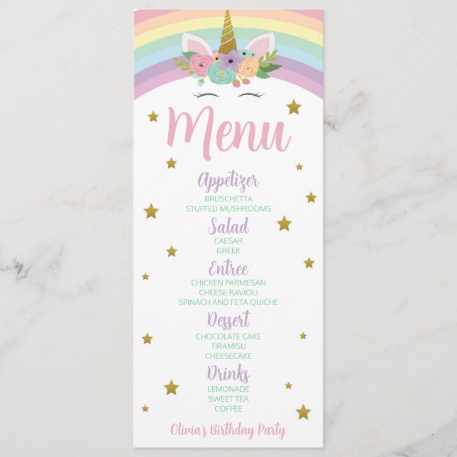 Menu Unicorn Rainbow Parties scintillant Stars Annivers (Devant)