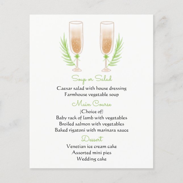 Menu Vert & Blanc Aquarelle Champagne Vols (Devant)