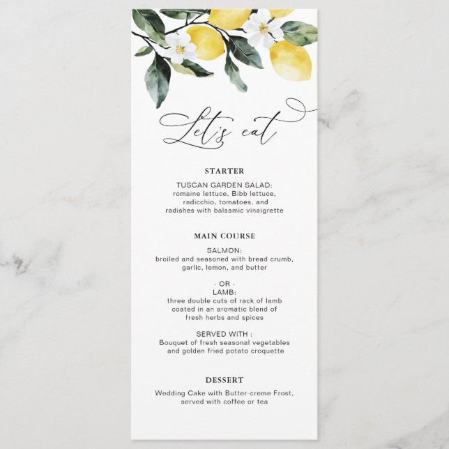 Menu Vert moderne Mariage de fleurs de citron (Devant)