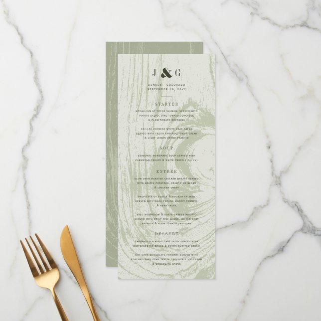 Menu Vert mousse rustique bois grain mariage printemps  (Devant/Arrière en situation)
