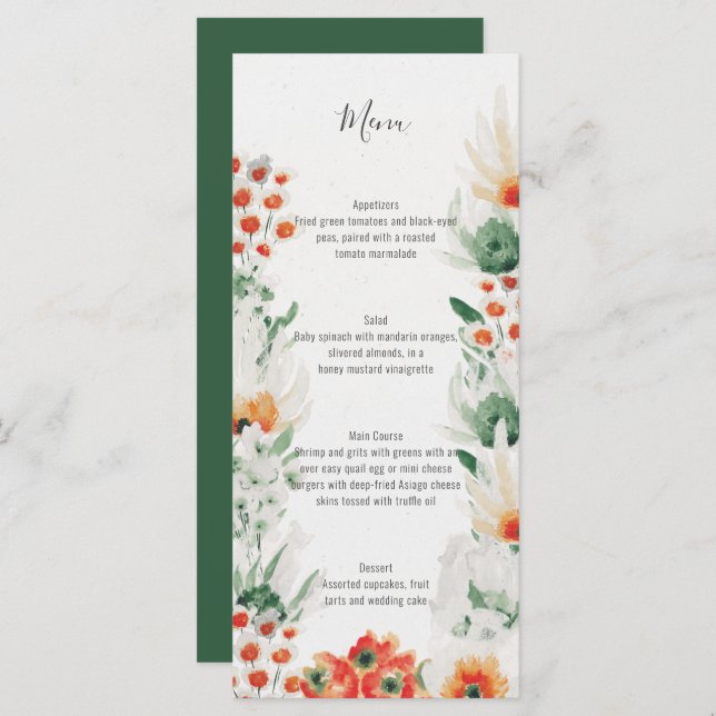Menu Vert orange blanc Aquarelle Mariage Floral | (Devant / Derrière)