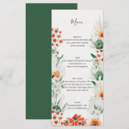 Menu Vert orange blanc Aquarelle Mariage Floral |