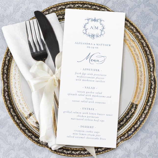 Menu Victorien Baroque Floral Crest Blue Mariage (Créateur téléchargé)