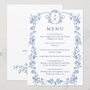 Menu Victorien Ornate Grace Floral Dusty Mariage bleu