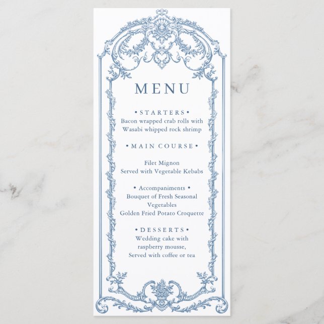 Menu Victorien Ornate Grace Floral Dusty Mariage bleu (Devant)