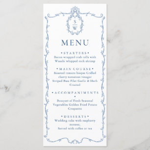 Menu Victorien Ornate Grace Floral Dusty Mariage bleu