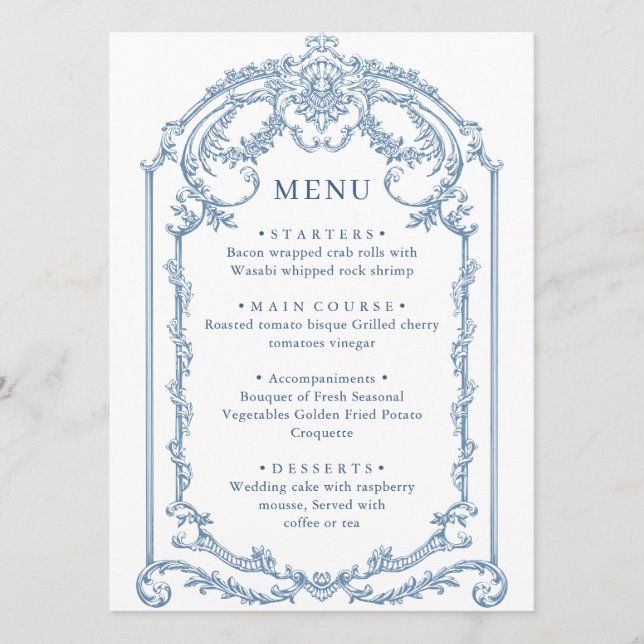 Menu Victorien Ornate Grace Floral Dusty Mariage bleu (Devant)