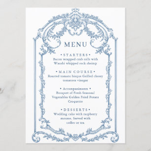 Menu Victorien Ornate Grace Floral Dusty Mariage bleu