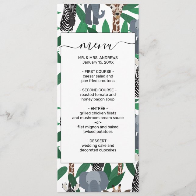 Menu Vierge Zebra Elephant Giraffe Safari Animals (Devant)