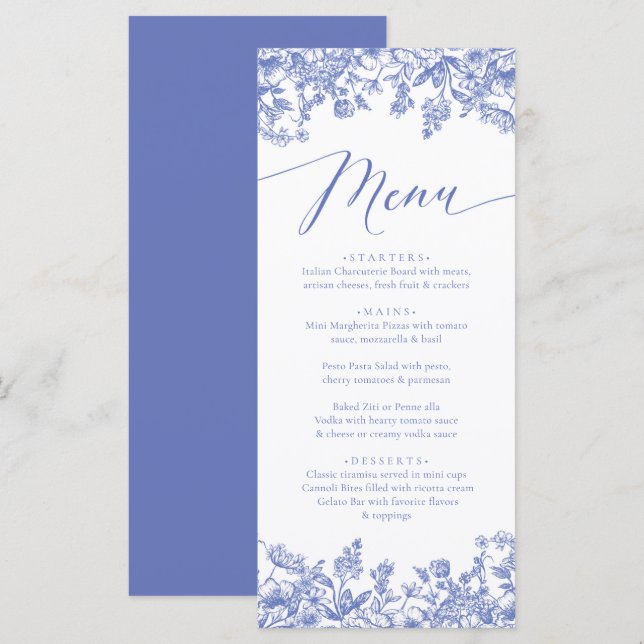 Menu Vintage Dusty Blue Floral Chinoiserie Botanique (Devant / Derrière)