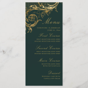 Menu Vintage Emerald Green Gold Floral Mariage damassé