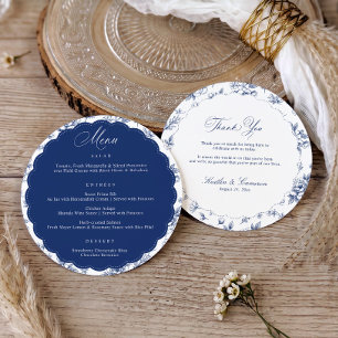 Menu Vintage Floral Bleu Marine Remerciement Rond Maria