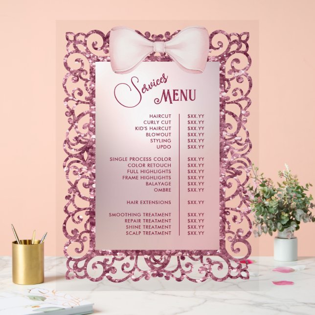 Menü "Vintage Glitzer-Frame-rosa-Bow-Dienste" Acrylschild (Hochzeit)