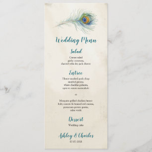 Menu Vintage Peacock Feather Elegant Boho Mariage Turqu
