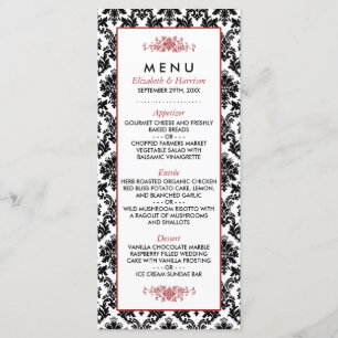 Menu vintage rouge, noir et blanc Mariage damassé