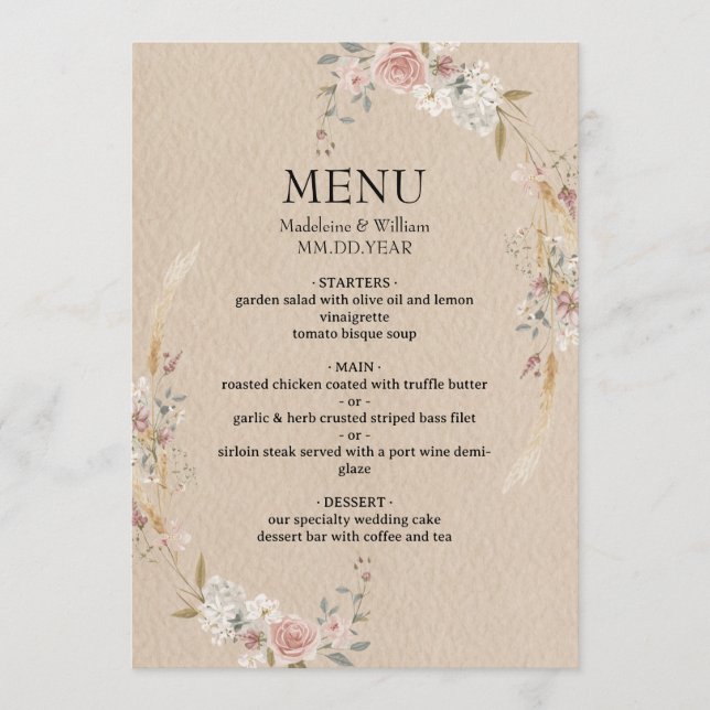 Menu Vintage Rustic Boho Mariage (Devant)