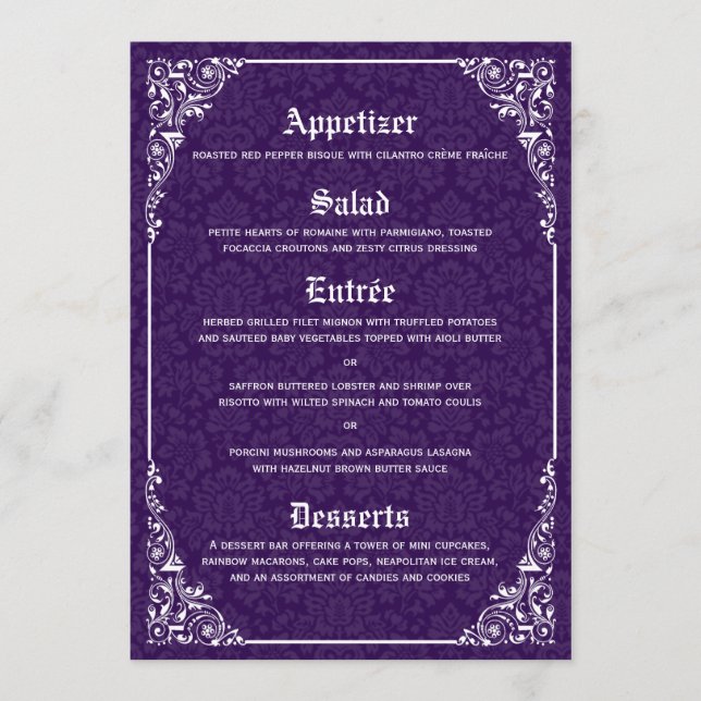 Menu violet gothique victorien Mariage damassé (Devant)