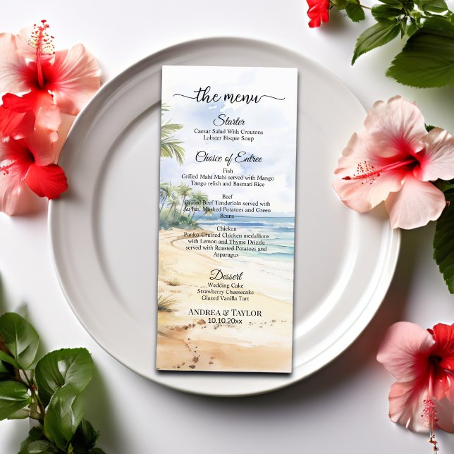 Menu Watercolor Beach et Palm Trees Mariage élégant (Créateur téléchargé)
