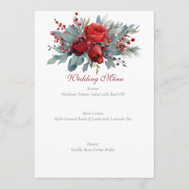 Menu Watercolor Burgundy & Blush Roses wedding (Devant)