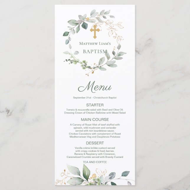 Menü "Watercolor Greenerity Foliage Cross Baptism" Menükarte (Vorderseite)