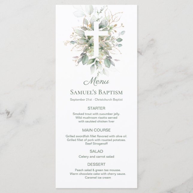 Menü "Watercolor Greenerity Foliage Cross Baptism" Menükarte (Vorderseite)