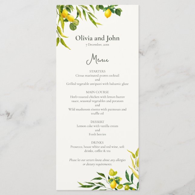 Menu Watercolor Lemon Foliage Elegant Citrus Wedding (Devant)
