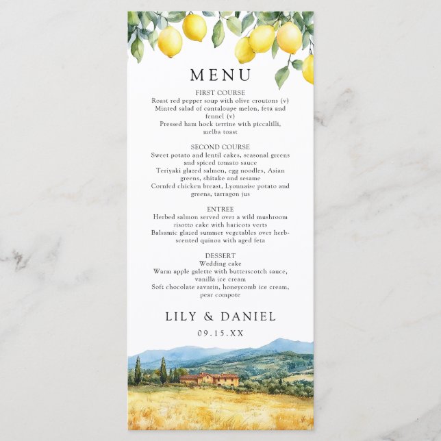 Menu Watercolor Lemons Tuscany Italy Wedding (Devant)