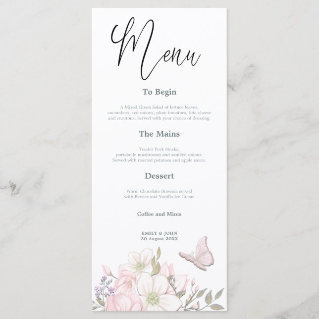 Menu Watercolor Magnolias mariage de script papillon (Devant)