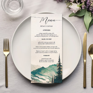 Menu Watercolor Mountains Pine Forest Mariage
