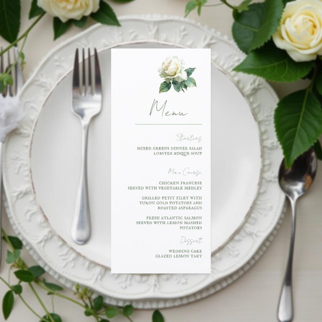 Menu Watercolor White Rose Elegant Botanical Wedding (Créateur téléchargé)