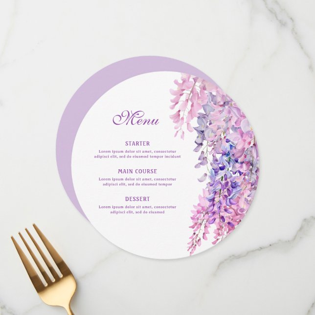Menu Watercolor Wisteria Round (Devant/Arrière en situation)