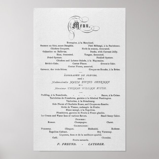 MENÜ "WEDDING MENU" zum Thema Französisch 1874 Poster (Vorne)