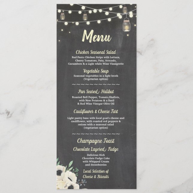 Menu Wedding Reception Fireflies Jars Chalk Cards Menükarte (Vorderseite)