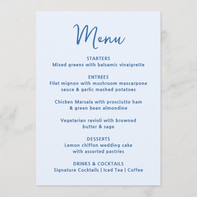 Menu Whimsical Blue Heart Wedding (Devant)