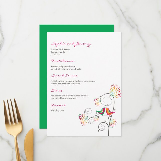 Menu Whimsical coloré baiser Mariage d'oiseaux d'été (Devant/Arrière en situation)