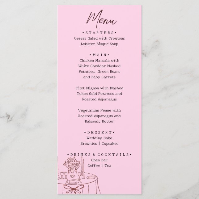 Menu Whimsical Pink Hand Drawn Illustrated Wedding  (Devant)