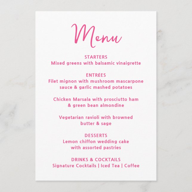 Menu Whimsical Pink Heart Wedding (Devant)