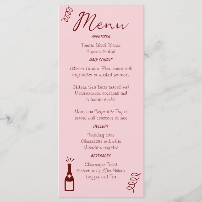 Menu Whimsical Quirky Squiggles Mariage rose (Devant)