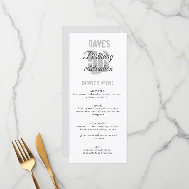 Menu White Grey Minimalist 50th Any Birthday Party (Devant/Arrière en situation)