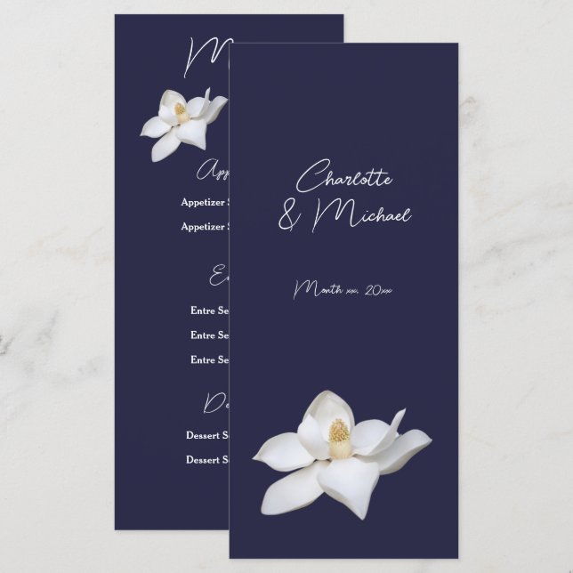 Menu White Magnolia Elegant Flora Mariage sur la Marine (Devant / Derrière)