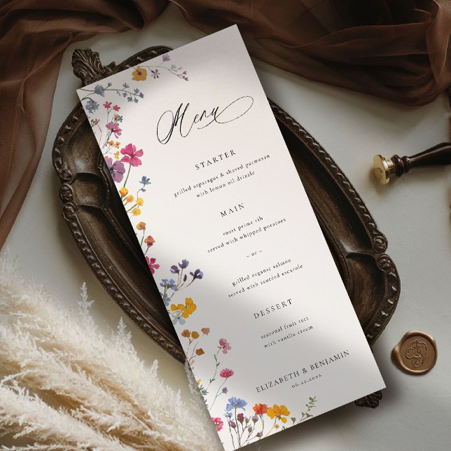 Menu Wildflower Grace Modern Floral Elegant Wedding (wildflower wedding theme menu romantic colorful watercolor pastel floral timeless classic)