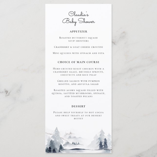 Menu Winter Woodland Baby shower de script moderne (Devant)