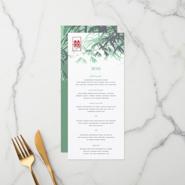 Menu Zen Bamboo Feuille double bonheur Mariage chinois (Devant/Arrière en situation)