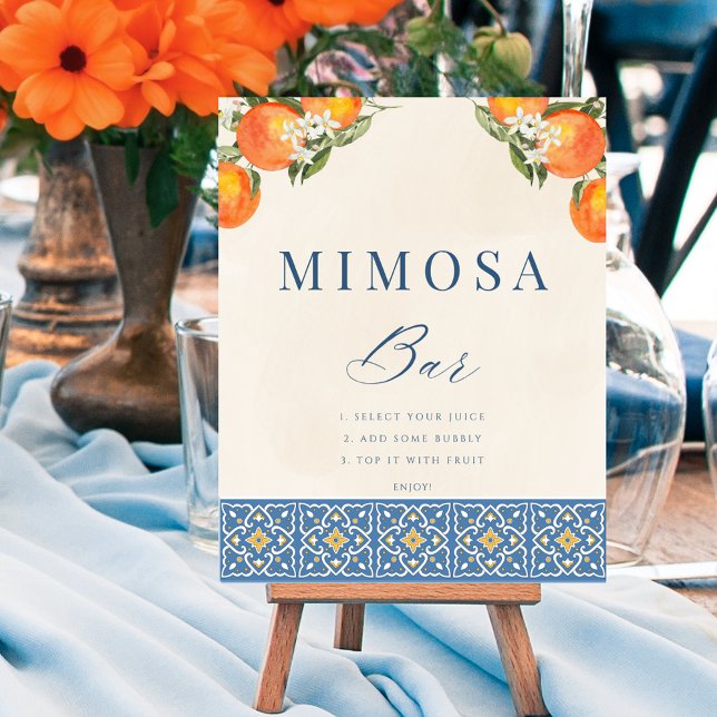 Menuiserie Italienne Carreaux Bleus Mimosa Poster (Citrus Italian Blue Tiles Mimosa Bar Sign Poster)