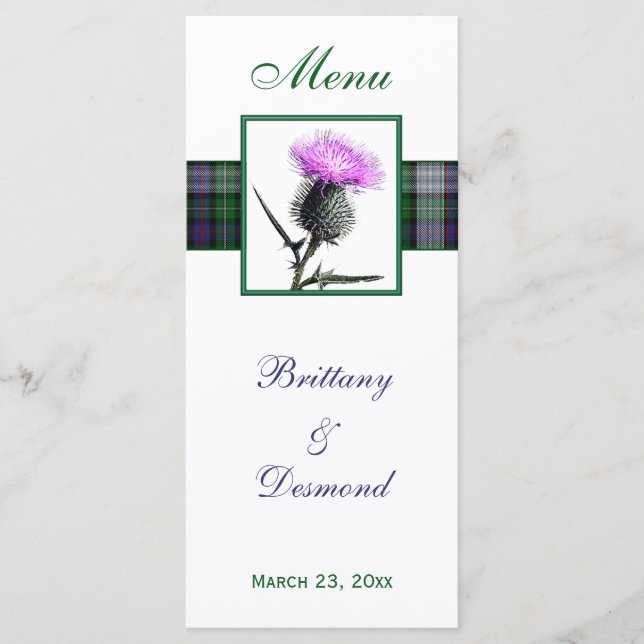 Menükarte lila, grün, weiß, Tartan und Thistle (Vorderseite)