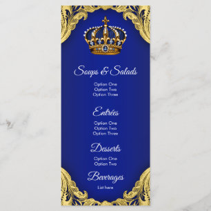 Menus bleus de prince baby shower d'or