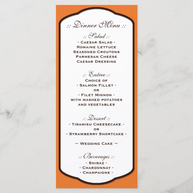 Menus d'accueil de mariage Brown et blanc orange (Devant)