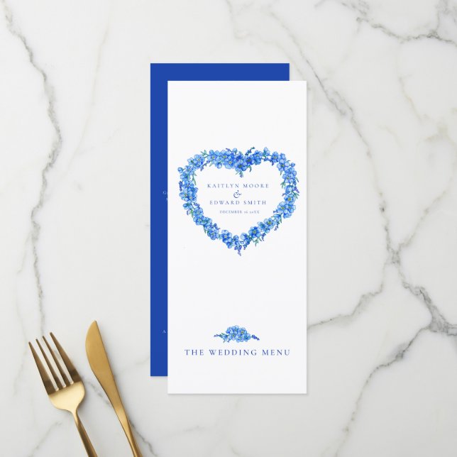 Menus de mariage bleu blanc cœur de ne m'oubliez p (Devant/Arrière en situation)