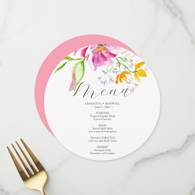 Menus de mariage personnalisés Aquarelle rose fleu (Devant/Arrière en situation)