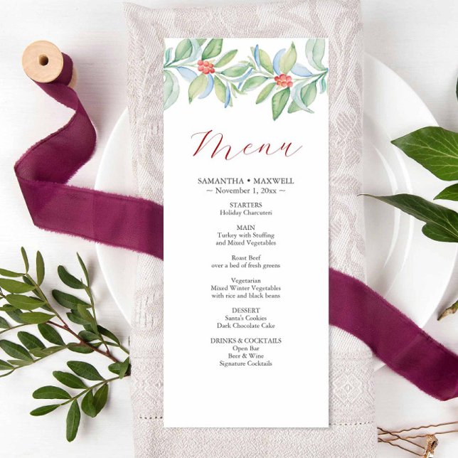 Menus Mariage de Noël Aquarelle Verdure (Christmas wedding menu features unique watercolor art by Victoria Grigaliunas.)